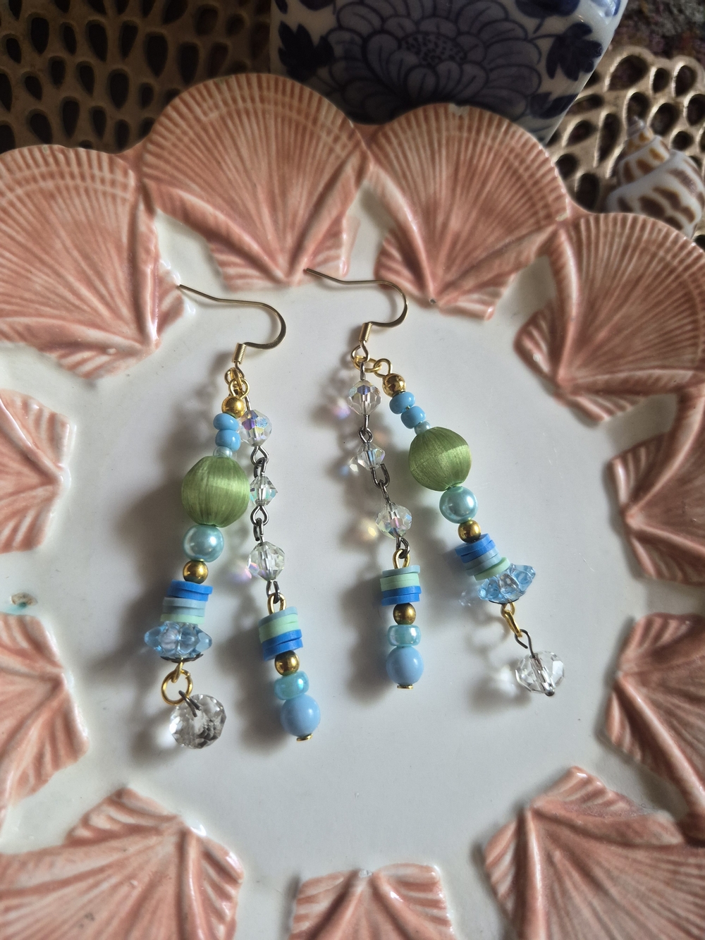 Handmade Blue and Green Beaded Drop Earrings with Gold Accents